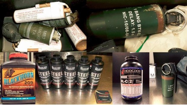 Smoke grenade and gun powder, among other hazardous materials seized by the US Transportation Security Administration