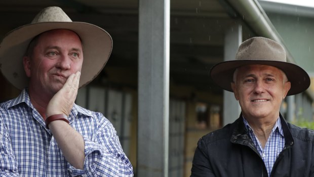 Prime Minister Malcolm Turnbull and candidate for New England Barnaby Joyce at a polling booth  in Tamworth during the New England by-election 