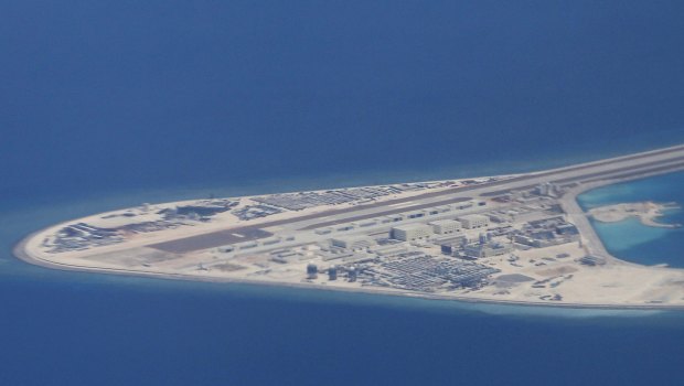 An airstrip, structures and buildings on China's artificial Subi Reef in the Spratly chain of islands in the South China Sea.
