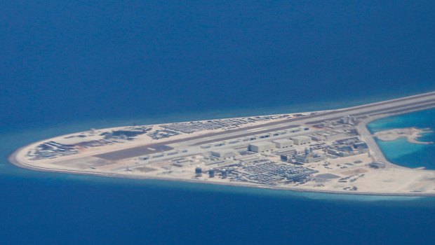 An airstrip, structures and buildings on China's artificial Subi Reef in the Spratly chain of islands in the South China Sea.