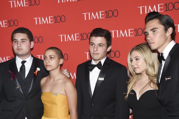 Emma González, in yellow, with fellow Parkland student activists, from left: Alex Wind, Cameron Kasky, Jaclyn Corin and David Hogg, at a New York gala celebrating Time magazine's 100 most influential people in the world last Tuesday.