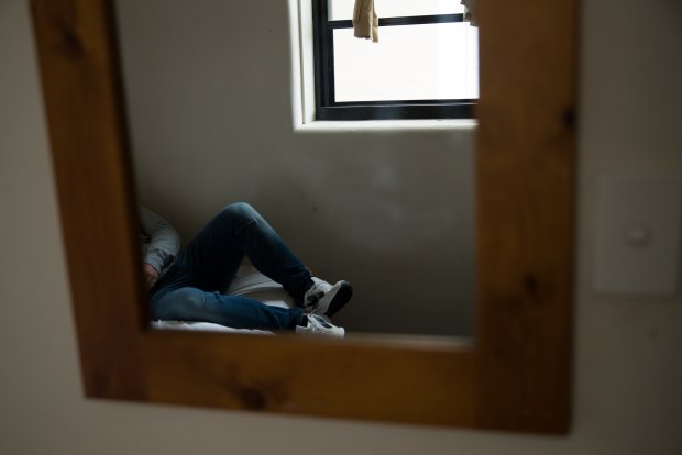 James in one of the rooms in William Booth House in Sydney, where he has successfully completed a rehab program. He has since been jailed.