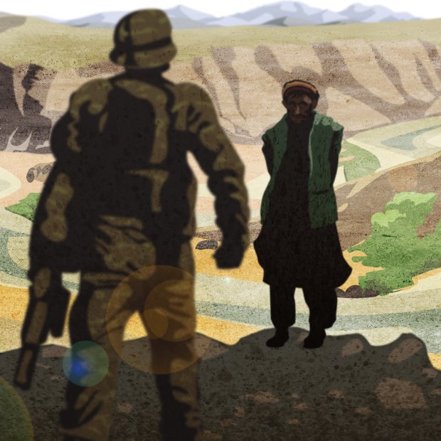 A special forces soldier and his prisoner in Darwan, Afghanistan. Illustration by Matt Davidson based on witness account. 