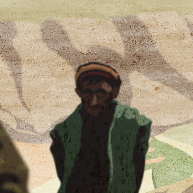 A special forces soldier and his prisoner in Darwan, Afghanistan. Illustration by Matt Davidson based on witness account. 