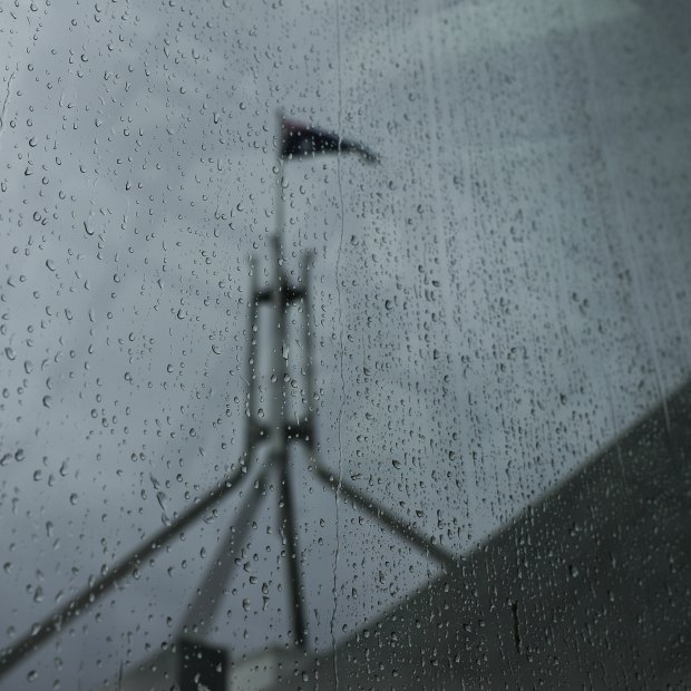 Rain drops on the windows of the Press Gallery at Parliament House ahead of the long winter recess. 
