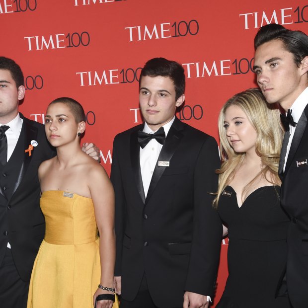 Emma González, in yellow, with fellow Parkland student activists, from left: Alex Wind, Cameron Kasky, Jaclyn Corin and David Hogg, at a New York gala celebrating Time magazine's 100 most influential people in the world last Tuesday.