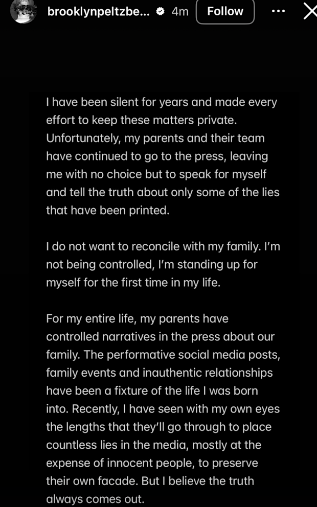 Brooklyn Beckham shares statement about ongoing feud with his parents David and Victoria Beckham