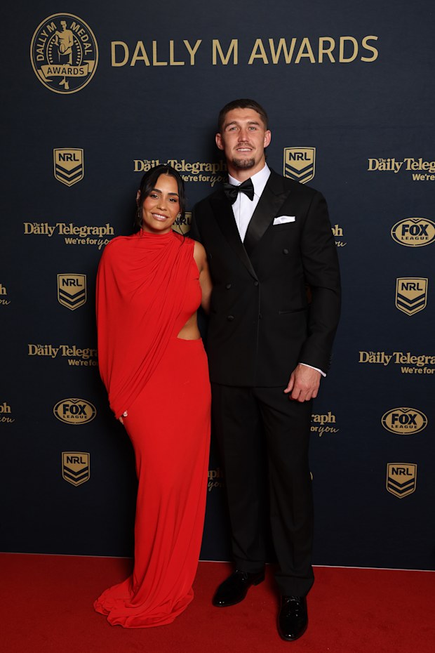 Dylan Lucas of the Newcastle Knights and Adina Brown arrive ahead of the 2026 Dally M Awards at The Cutaway, Barangaroo on September 30, 2026 in Sydney, Australia.