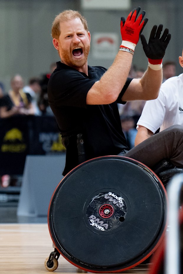 Prince Harry, Duke of Sussex, reacts as he takes part in a game of Wheelchair Rugby during the Invictus “1 Year To Go” event at the National Exhibition Centre on July 10, 2026 in Birmingham, England.