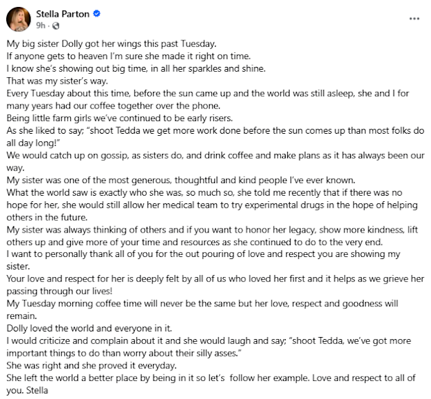 Dolly Parton’s sister Stella has spoken out after her death