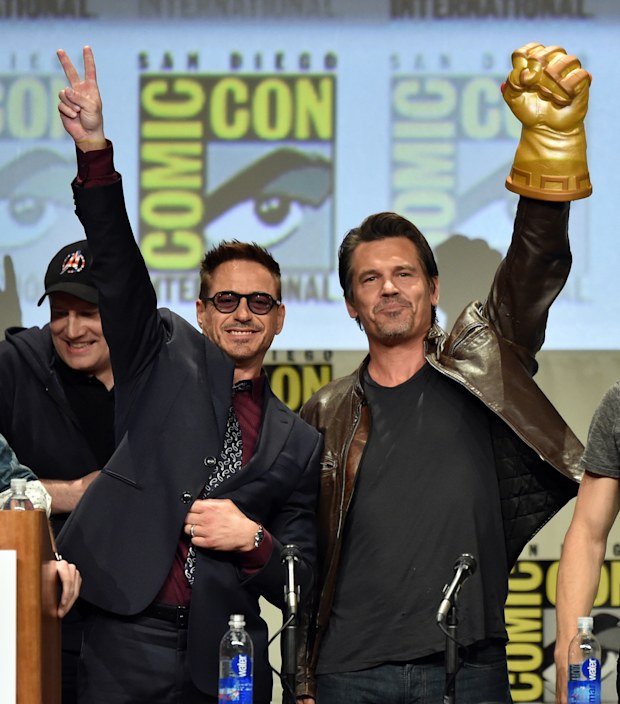 Actors Robert Downey Jr. (L) and Josh Brolin attend the Marvel Studios panel during Comic-Con International 2014 at San Diego Convention Center on July 26, 2014 in San Diego, California.