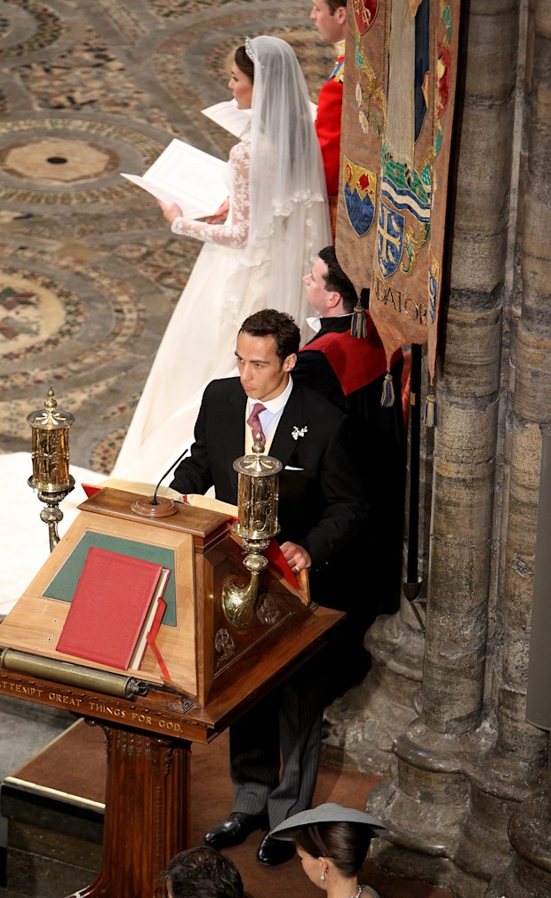  James Middleton seen before making a reading during the Royal Wedding of Prince William to Catherine Middleton at Westminster Abbey on April 29, 2011 in London, England. The marriage of the second in line to the British throne is to be led by the Archbishop of Canterbury and will be attended by 1900 guests, including foreign Royal family members and heads of state. Thousands of well-wishers from around the world have also flocked to London to witness the spectacle and pageantry of the Royal Wedding. 