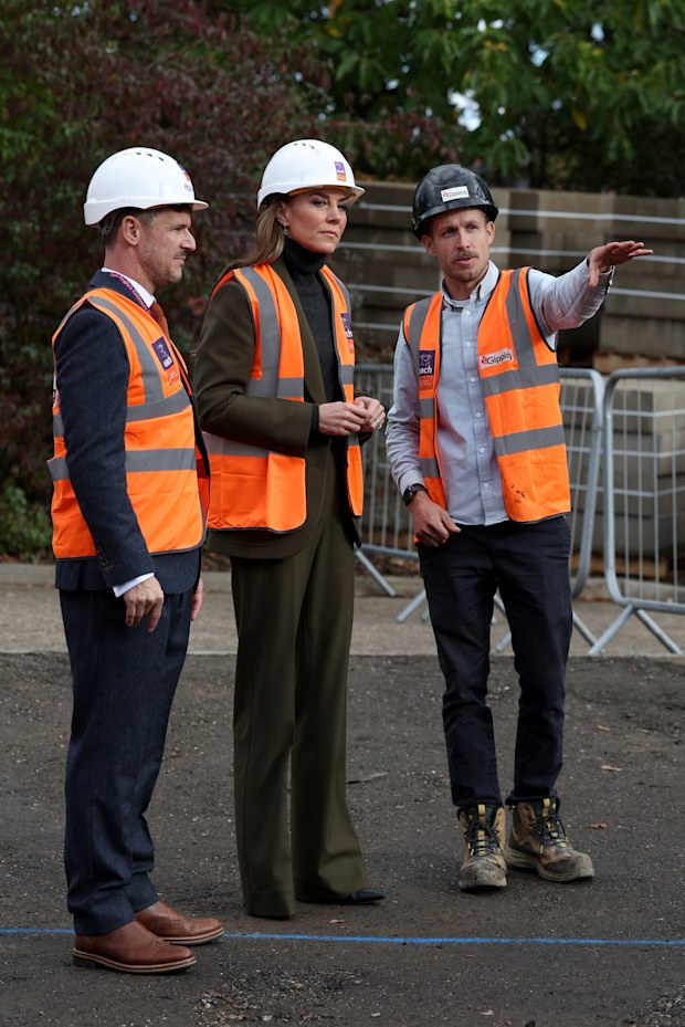 Catherine, Princess of Wales views construction work with East Anglia’s Children’s Hospices (EACH) chief executive Kevin Clements (L) at The Treehouse Children’s Hospice during a visit to learn about the care and support provided by East Anglia’s Children’s Hospices (EACH) on October 22, 2026 
