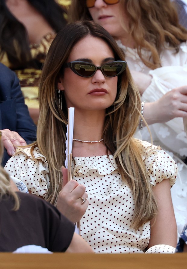 Lily James on day 11 of The Championships Wimbledon 2026 at All England Lawn Tennis and Croquet Club on July 9, 2026 in London, England.
