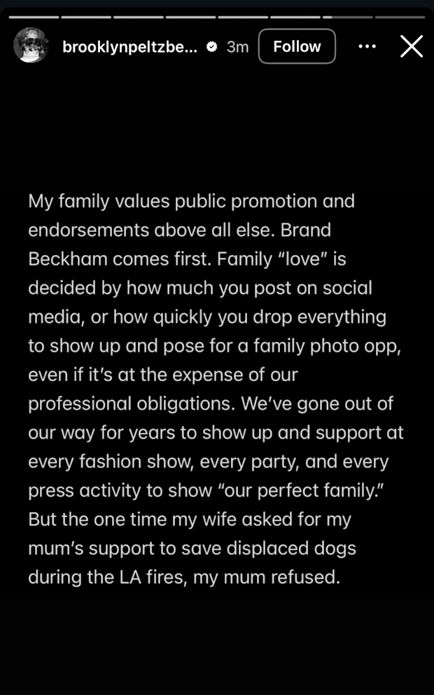 Brooklyn Beckham breaks silence on family feud with powerful statement
