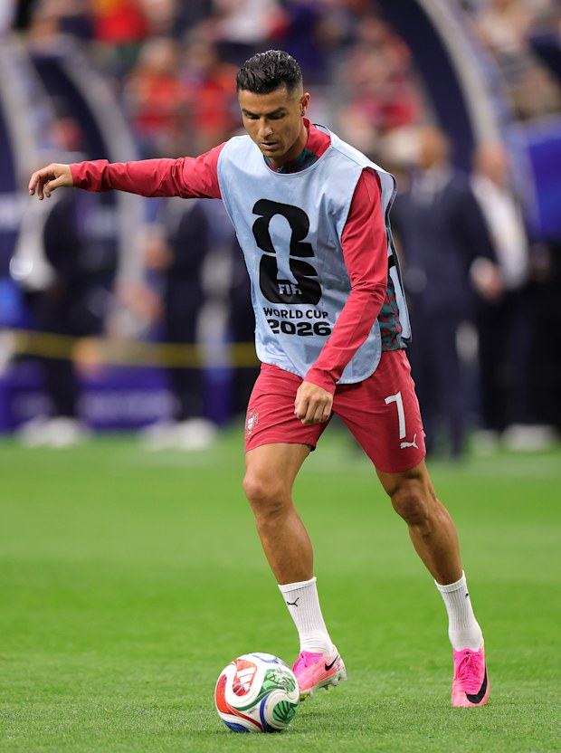 Cristiano Ronaldo #7 of Portugal warms up before the FIFA World Cup 2026 Round of 16 match between Portugal and Spain at Dallas Stadium on July 06, 2026 in Arlington, Texas