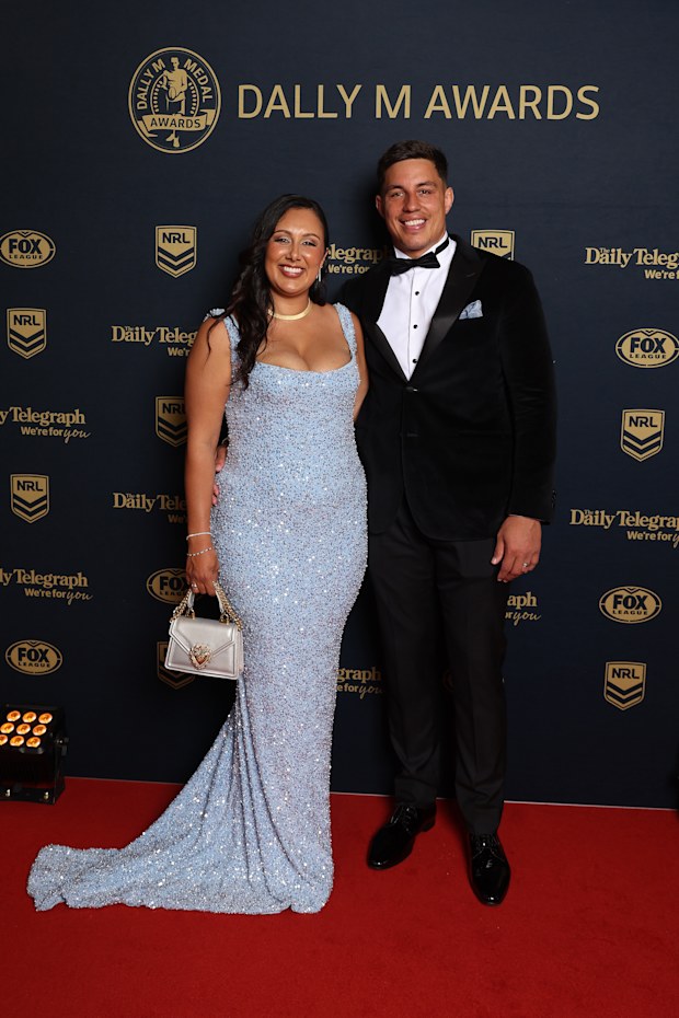 Joseph Tapine of the Canberra Raiders and Kirsten Tapine arrive ahead of the 2026 Dally M Awards at The Cutaway, Barangaroo on September 30, 2026 in Sydney, Australia.