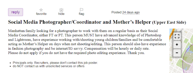 Craigslist job ad for social media photographer for family. 