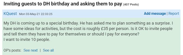 She has asked for advice on Mumsnet.