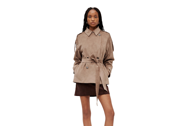 Aje Studio Noa Fawn Belted Cropped Trench Jacket.