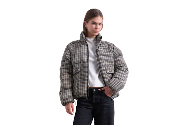Topshop Micro Check Funnel Neck Puffer Jacket in Black.