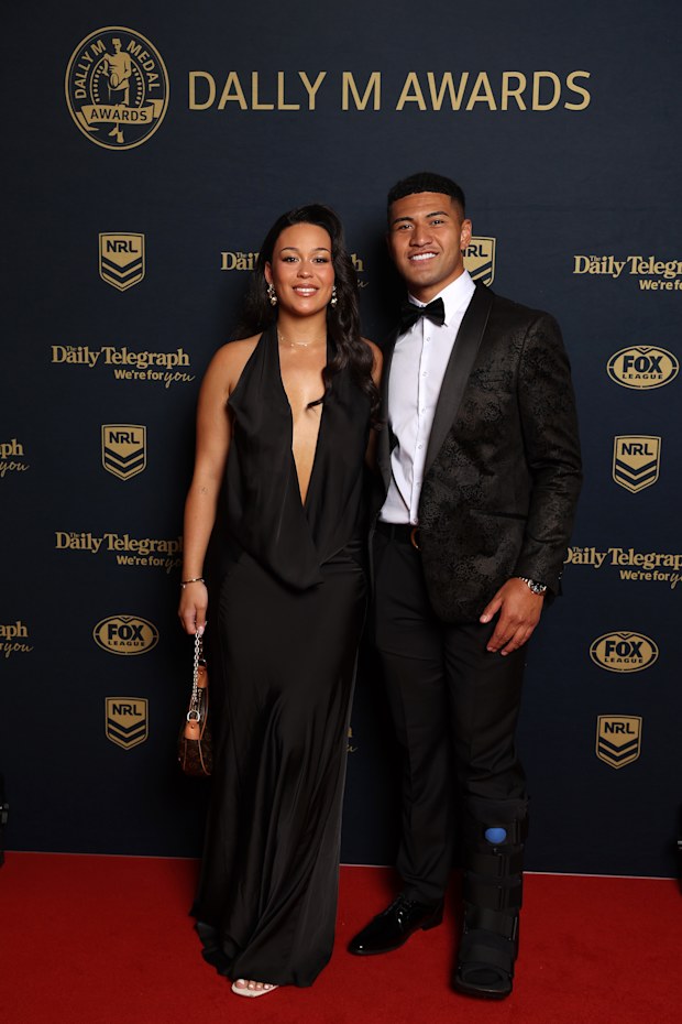 SYDNEY, AUSTRALIA - SEPTEMBER 30: Isaiya Katoa of the Dolphins and Pani Matai arrive ahead of the 2026 Dally M Awards at The Cutaway, Barangaroo on September 30, 2026 in Sydney, Australia. (Photo by Mark Metcalfe/Getty Images)
