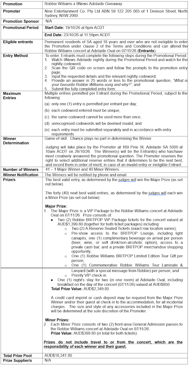 Robbie Williams Terms and Conditions