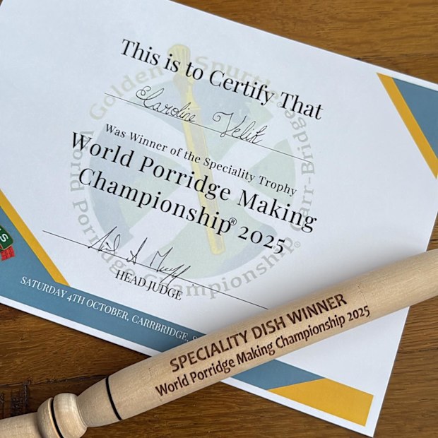 Caroline Velik’s certificate and prize from the 2025 World Porridge Making Championship