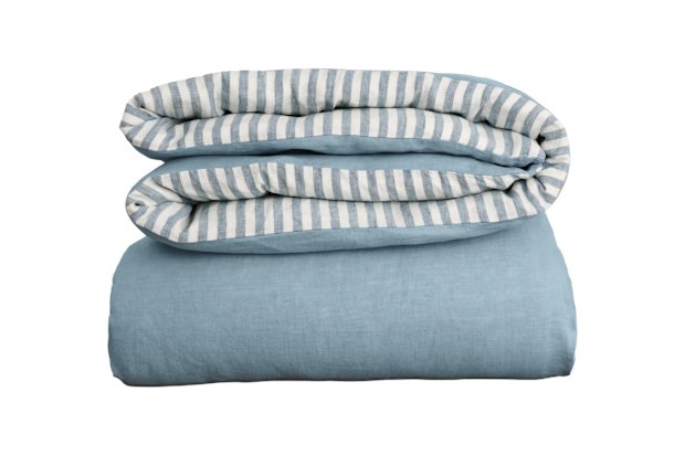 I Love Linen French Flax Linen Double Sided Quilt Cover in Marine Blue/Marine Blue Stripe.