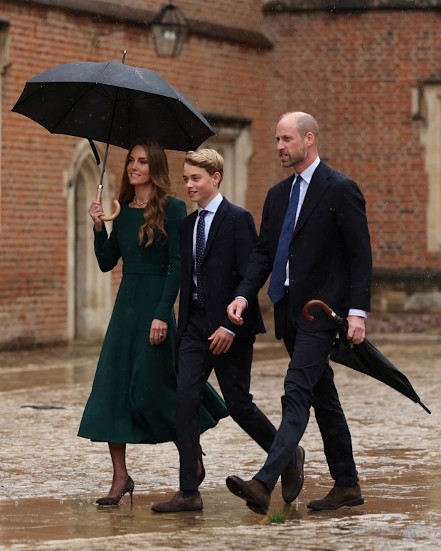 Catherine, Princess of Wales (L) and Prince William, Prince of Wales (R) walk with their 13-year-old son, Prince George of Wales (C), as he arrives for his first day at Eton College on September 8, 2026 in Berkshire, England