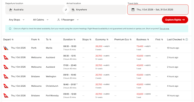 Screenshot of Qantas' Flight Reward Finder