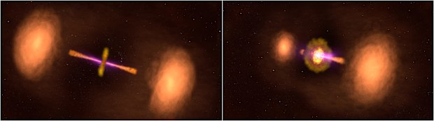 This illustration shows two views of the active galaxy TXS 0128+554, located around 500 million light-years away. Left: The galaxy's central jets appear as they would if we viewed them both at the same angle. Right: The galaxy appears in its actual orientation, with its jets tipped out of our line of sight by about 50 degrees.