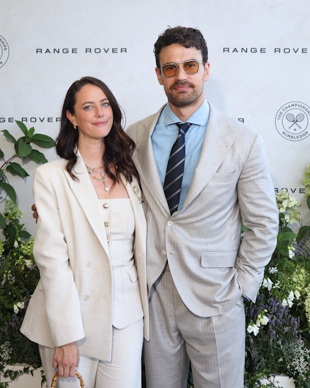 Kaya Scodelario and Theo James at the 2026 Wimbledon Tennis Championships at the All England Lawn Tennis and Croquet Club on July 12, 2026 in London, England.