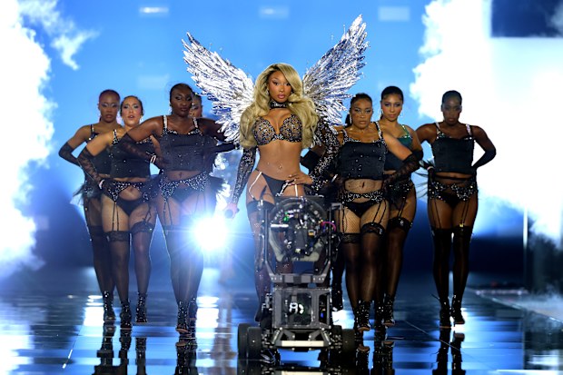 Megan Thee Stallion (C) performs on the runway for the Victoria’s Secret Fashion Show 2026 