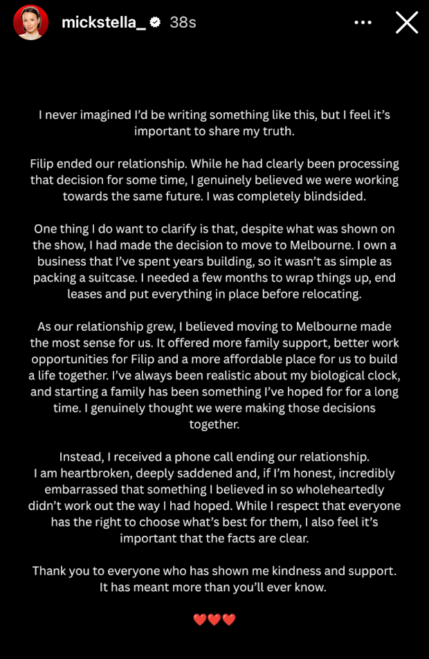 Stella Mickunaite statement on Filip Gregov split