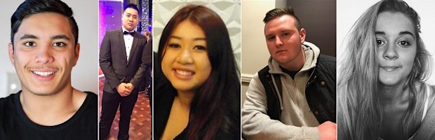 (L-R) Joshua Tam, Hoang Nathan Tran,  Diana Nguyen, Callum Brosnan, Alex Ross-King, who all died at a Sydney music festival. 