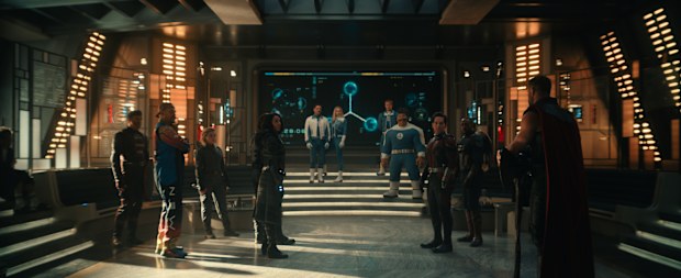 (L-R): John Walker/U.S. Agent (Wyatt Russell), Alexei/Red Guardian (David Harbour), Yelena (Florence Pugh), Bucky Barnes/Winter Soldier (Sebastian Stan), Ava/Ghost (Hannah John-Kamen), Reed Richards/Mister Fantastic (Pedro Pascal), Sue Storm/Invisible Woman (Vanessa Kirby), Johnny Storm/Human Torch (Joseph Quinn), Ben Grimm/The Thing (Ebon Moss-Bachrach), Scott Lang/Ant-Man (Paul Rudd), Sam Wilson/Captain America (Anthony Mackie), and Thor (Chris Hemsworth) in Marvel’s AVENGERS: DOOMSDAY. Photo courtesy of Marvel. © 2026 Marvel. All Rights Reserved.