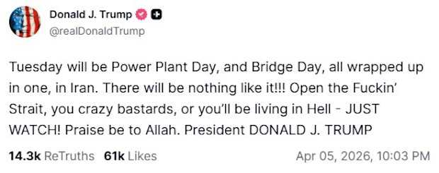 Donald Trump's post about Iran posted on Truth Social on April 5, 2026.