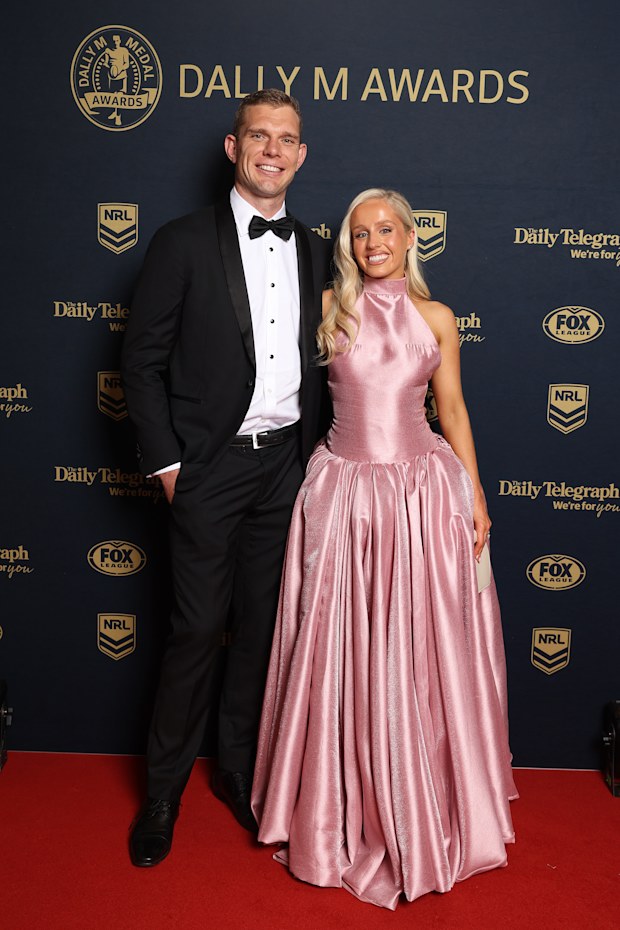 SYDNEY, AUSTRALIA - SEPTEMBER 30: Tom Trbojevic of the Manly Sea Eagles and Kristi Wilkinson arrive ahead of the 2026 Dally M Awards at The Cutaway, Barangaroo on September 30, 2026 in Sydney, Australia. (Photo by Mark Metcalfe/Getty Images)