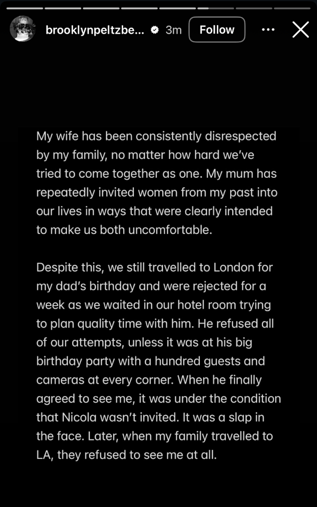 Brooklyn Beckham addresses family feud in new statement