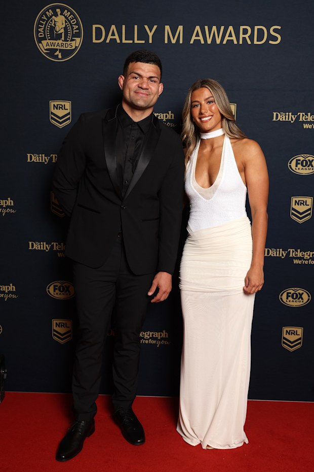 SYDNEY, AUSTRALIA - SEPTEMBER 30: David Fifita of the South Sydney Rabbitohs and Shaylee Bent of the Wests Tigers arrive ahead of the 2026 Dally M Awards at The Cutaway, Barangaroo on September 30, 2026 in Sydney, Australia. (Photo by Mark Metcalfe/Getty Images)