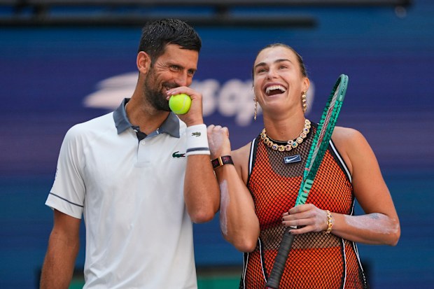 Novak Djokovic and Aryna Sabalenka during a mixed doubles match at the U.S. Open, Aug. 25, 2026, in New York. (