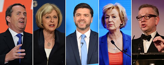 The five candidates for the Tory leadership: Liam Fox, Theresa May, Stephen Crabb, Andrea Leadsom and Michael Gove. (AAP)