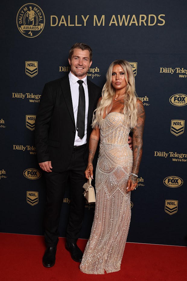Kieran Foran of the Manly Sea Eagles and Karina May arrive ahead of the 2026 Dally M Awards at The Cutaway, Barangaroo on September 30, 2026 in Sydney, Australia.