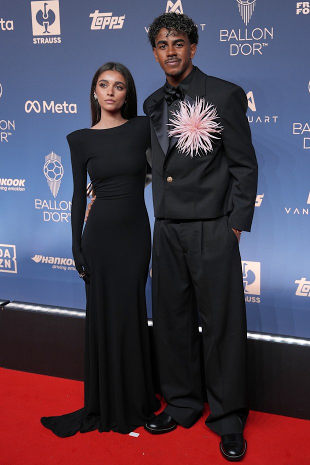 Lamine Yamal of Spain and partner Ines Garcia attend the Ballon d’Or ceremony at the London Palladium Theatre in London, England, Monday, Oct. 26, 2026