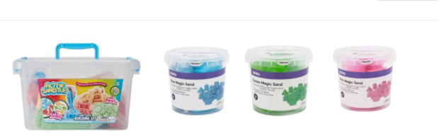 The retailer has issued a recall for a 14-piece Sand Castle Building Set and tubs of magic sand which come in blue, green and pink.