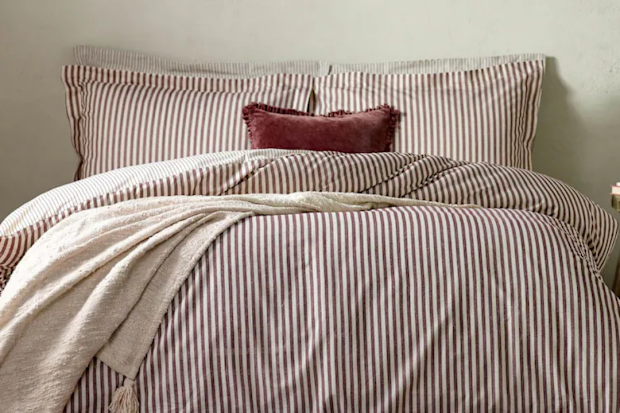 Next Yard Beetroot Red Hebden Striped Cotton Duvet Cover and Pillowcase Set.