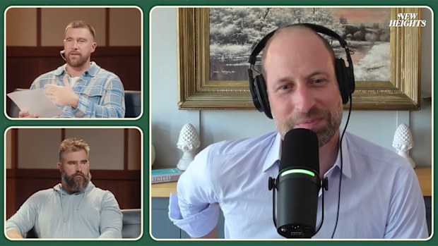 Prince William with Jason and Travis Kelce during an episode of their podcast New Heights
