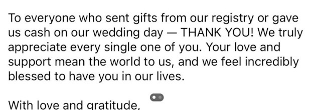 bride asks for additional monetary wedding gifts after nuptials