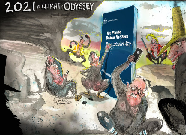 David Rowe cartoon on Scott Morrison’s climate policy plan.
